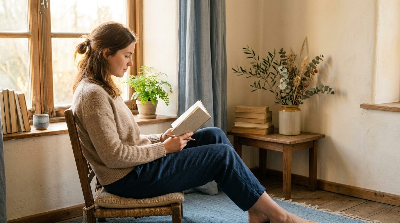 Personne assise lisant posément près d'une fenêtre baignée de lumière naturelle, évoquant la réflexion et l'esprit critique